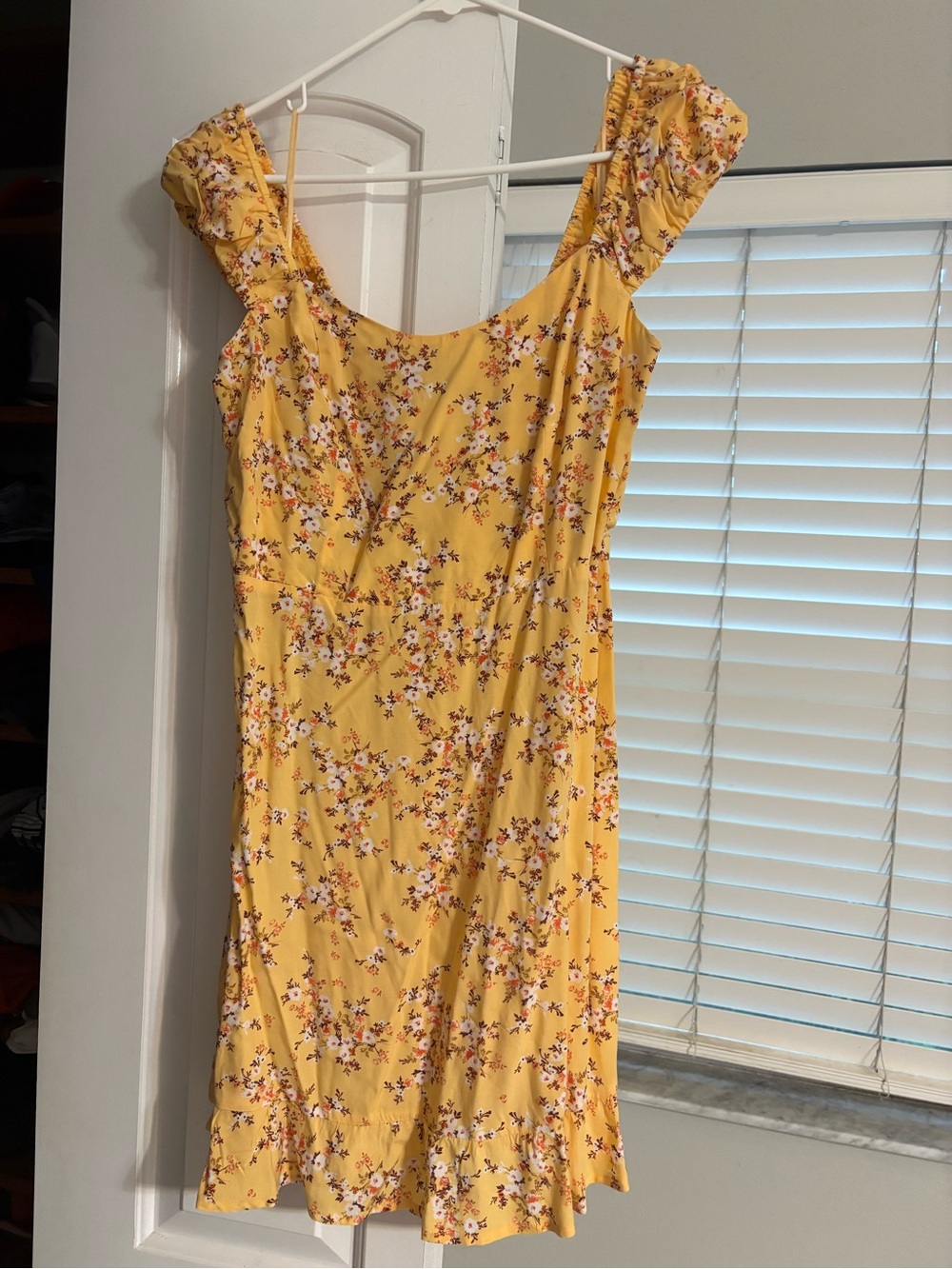 Old Navy Yellow Floral Midi Dress with Ruffled Cap Sleeves
